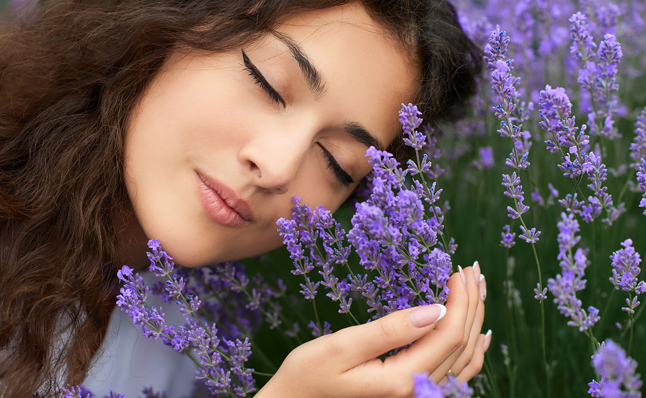Girl Smelling Lavender Flowers That Are Use For Essential Oils